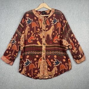 Bandhini Shirt Womens One Size Brown Red Boho Batik Animal Print Button Front